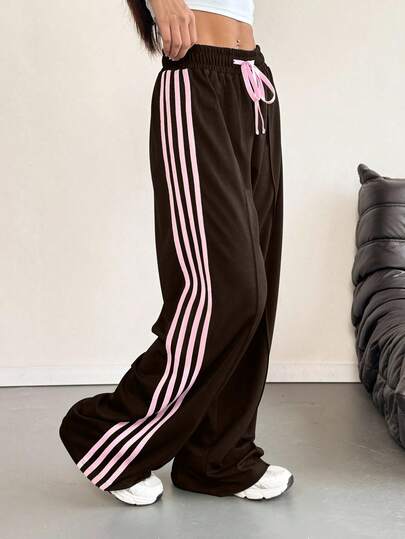 INAWLY Women's Drawstring Waist Side Stripe Wide Leg Loose Casual Sweatpants