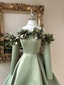 Lovelzi Elegant Stereo Floral Off-Shoulder A-Line Long Sleeve Dress, Wedding Guest Dress, Suitable For Evening Party, Gala, Ball, Prom Dress - Green - View 4