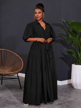 SHEIN CURVE+ 2025 大码女式纯色短袖春季 A 字形褶皱拼接长裙，曲线加大，波西米亚度假大码黑色连衣裙大码孕妇装黑色孕妇装孕妇装