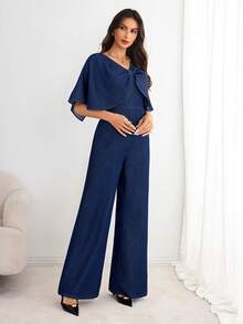 Elenzga 女士成熟知性优雅个性后背拉链开衫阔腿连体裤 - 藍色 - 查看 5