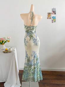 Soleia 女士度假针织网眼渐变浪漫修身挂脖系带金属扣装饰鱼尾连衣裙，适合派对、约会、下午茶，性感优雅 - 彩色 - 查看 2