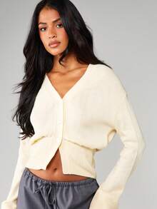 MISSGUIDED Cardigan scurt cu nasturi în față, talie striată și decolteu în V pentru purtare în straturi - Caisă - Vizualizare 5