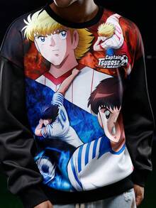 Captain Tsubasa X SHEIN 男士秋季休闲卡通图案落肩卫衣，冬季 - 黑色 - 查看 7