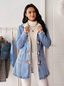 SHEIN Tall 女式浅蓝色牛角扣长袖牛仔夹克 - 藍色 - 查看 4