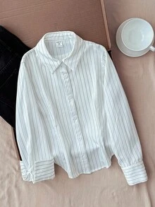 SHEIN 少女长袖条纹纽扣衬衫，休闲家居服，适合春季/秋季/圣诞节、节日/家庭日/新年等场合 - 白色 - 查看 5