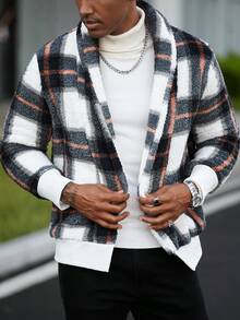 Manfinity Homme Men's Plaid Long Sleeve Fleece Cardigan Jacket, Autumn/Winter Men Knitted Button Up Men Sweater Jacket Men Shacket Fall Clothes For Men Plaid Jacket Men - Multicolor - View 4