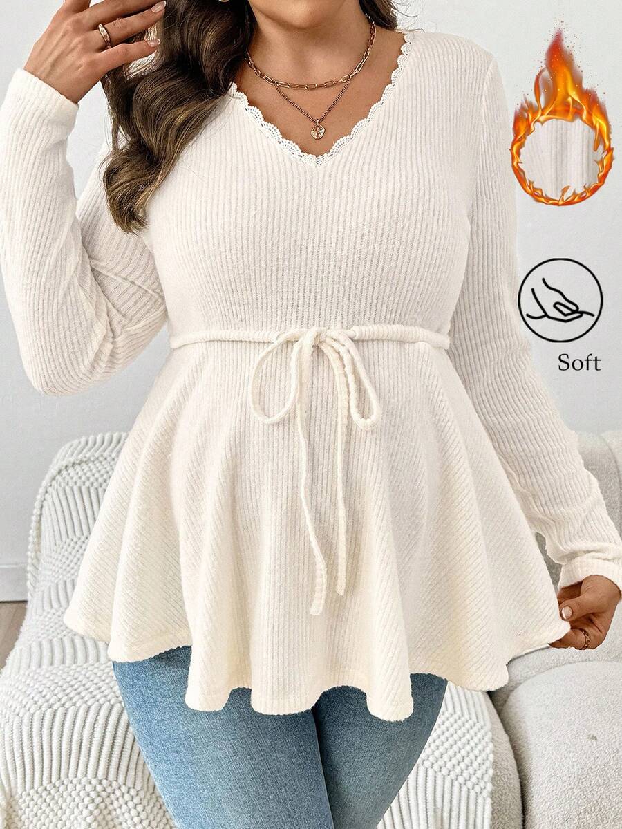 SHEIN Plus Size Maternity Casual V-Neck Drawstring Waist Peplum Top, Solid Color, Suitable For Daily Wear And Commuting, Spring/Autumn Plus Size White Tops Jumpers For Women Plus White Long Sleeve Top V-Neck Woven Top Peplum Long Sleeve