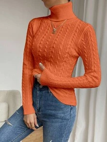 EMERY ROSE Women's Solid Color High Neck Regular Shoulder Long Sleeve Twist Knit Casual Fitted Pullover Sweater - Orange - View 7