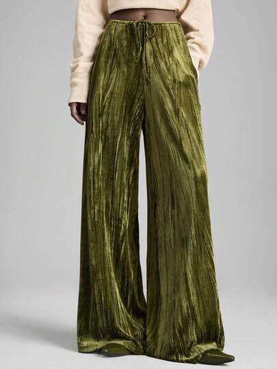 Ontre 2026 Women's Dark Green Pleated Velvet Fabric Comfortable Soft Material Straight Leg Pants, Front Pleated Design With Elastic Waist Adjustable, Versatile For All Seasons, Essential For, Fashionable Casual Business Wear Valentine's Day Special Design High-End, Elegant, Old-Fashioned Cruise Attire For Wedding Guests Modern Urban Casual Fashion Business Casual Women's Office Wear Low-Key Old Money Style Effortless Temperament High-End Urban Commuting High-Quality Airport Wear High-End Material