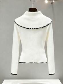 Franclia Damen Neue Herbst/Winter Französischer Stil Pendler Lässig Locker Kontrastbesatz Strickjacke - Weiss - Übersicht 2