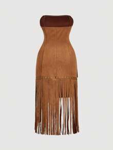 SHEIN MOD Plus Size Women's Fashionable Brown Suede Fringe Tube Dress,Vintage Suede Fringe Dress, Strapless Western Fashion Dress,Autumn/Winter Fringe Outfits Women Tassel Outfit Cochella Outfit Brown Outfit Women,Women's Summer Dresses - Brown - View 2