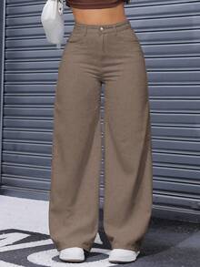 SHEIN ICON Plus Size Solid Color Casual Straight Loose Fit Jeans - Coffee Brown - View 1