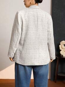 SHEIN LUNE 大码女式格子披肩领职业西装外套，秋冬时尚通勤装，舒适保暖，防寒，适合通勤、假日优雅、时尚通勤、办公室女神风圣诞派对套装 - 杏色 - 查看 3