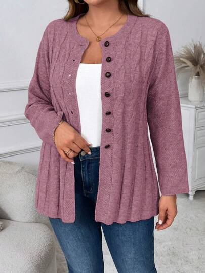 Plus Size Women Solid Color Cable Pattern Long Sleeve Casual Knit Cardigan, Autumn/Winter