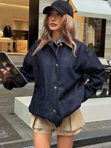 Livesso 女士休闲宽松牛仔夹克，领口拼接，秋季 - 藍色 - 查看 4