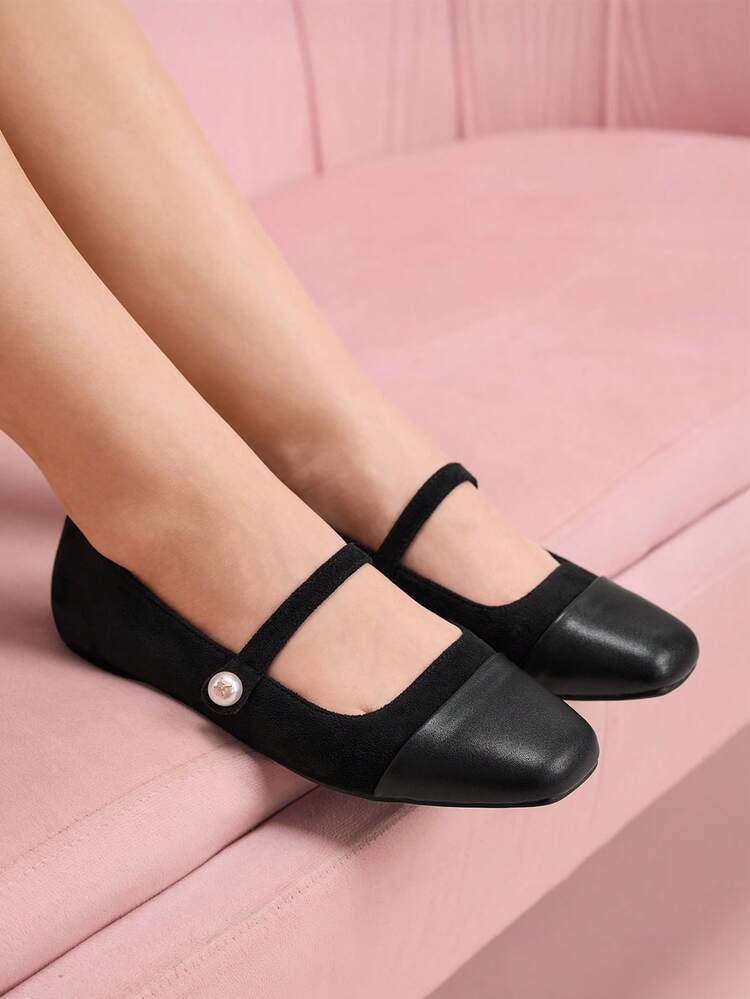 CUCCOO DOLLMOD Women's Black Square Toe Faux Pearl Decor Mary Jane Flats, Comfortable For Commuting, Party, Shopping Spring Shoes