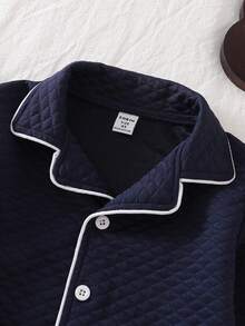 SHEIN Young Boy Navy Blue Quilted Texture Bear Pattern Collar Cardigan & Pants Pajama Set - Royal Blue - View 4