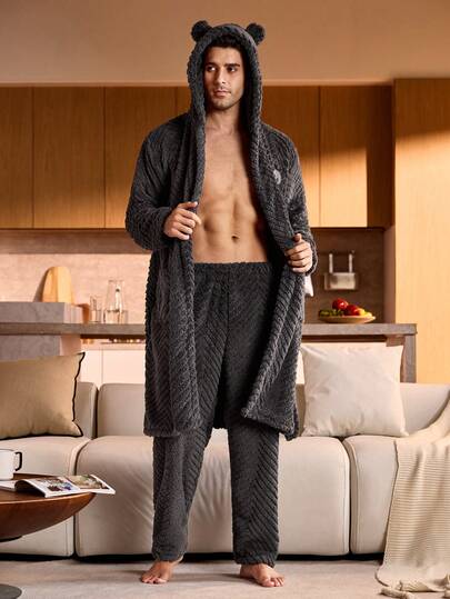 Manfinity Underwear&Sleepwear Basics Deep Grey Fleece Men's Pajama Set, Robe And Pants, Fall/Winter Clothes, Fluffy, Cozy