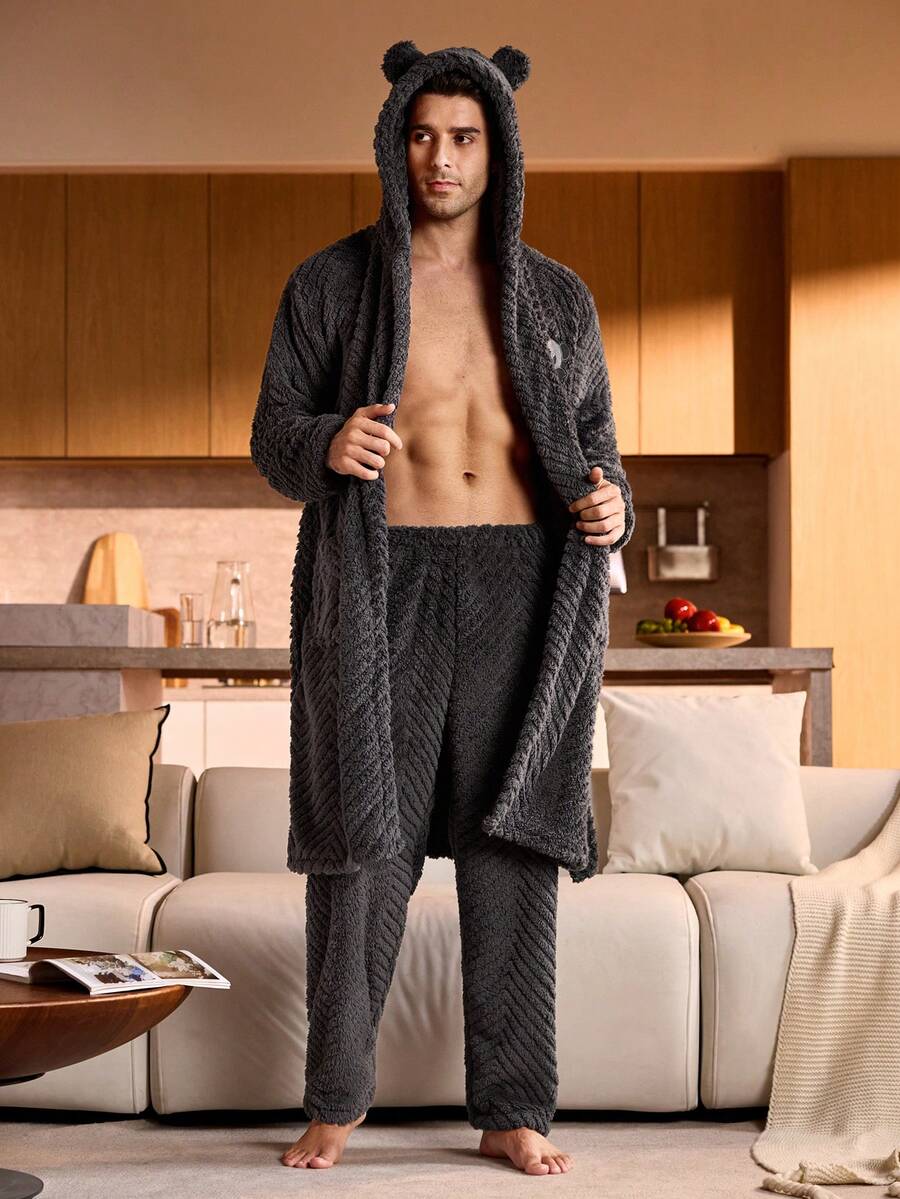 Manfinity Underwear&Sleepwear Basics 深灰色男士抓绒睡衣套装，包括睡袍和裤子，秋冬装，蓬松舒适 - 深灰色 - 查看 1