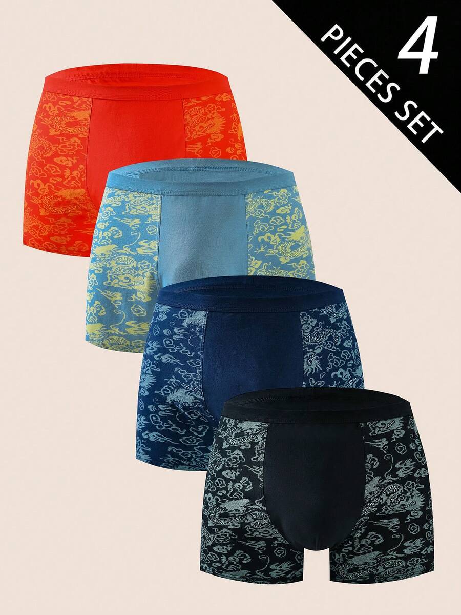 Manfinity Underwear&Sleepwear Basics 4pcs/Pack Men's Boxer Briefs, Plus Size Underwear Shorts, Suitable For All Seasons