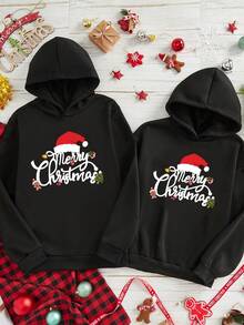Manfinity Homme Herren Große Größen Lässig Weihnachts-Element Grafik Muster Schwarz Kapuzen-Sweatshirt für Paar, Herbst/Winter, Langarm-Oberteil - Schwarz - Übersicht 1