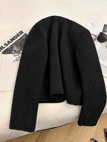 Franclia 时尚法式优雅短款棕色圆领长袖女士大衣，秋冬 - 黑色 - 查看 2