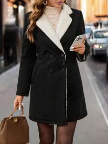 Editum 女士优雅高端翻领黑色大衣，秋季新款女士优雅多功能保暖内衬夹克，秋冬加厚外套，女士冬季外套，女士粗花呢外套，女士格子外套，女士冬季服装，女士外套，女士秋季服装，带绒里服装，女士冬季服装，绒里秋冬棉质长款保暖夹克 - 黑色 - 查看 7