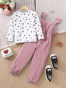SHEIN Elladie kids 女童休闲日常圆领长袖修身心形印花 T 恤搭配 3D 蝴蝶结吊带连体裤，灯芯绒面料，适合所有季节，返校装 - 粉色 - 查看 2