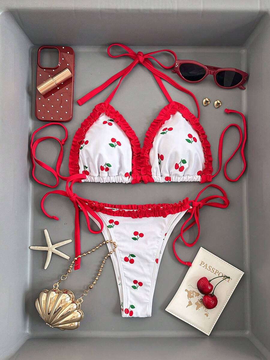 Swim Mod Women's Cute Cherry Print Triangle Cup Halter Tie Sexy Bikini Set