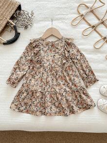 SHEIN Sukienka dla dziewczynki z długim rękawem i falbanką, z uroczym i eleganckim wzorem kwiatowym