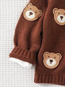Cozy Pixies 男童卡通熊图案V领长袖开衫毛衣女秋冬装 - 棕色 - 查看 5