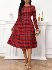 SHEIN Lady 女式格子圆领长袖优雅中长连衣裙 - 紅色 - 查看 6