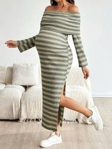 SHEIN 孕妇休闲条纹印花露肩连衣裙 - 綠色 - 查看 4