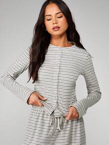 MISSGUIDED Bộ đồ ngủ sọc cài nút phía trước và quần ống rộng phù hợp với đồ ngủ thoải mái thường ngày cho mùa xuân thu đông - Xám - Xem 5