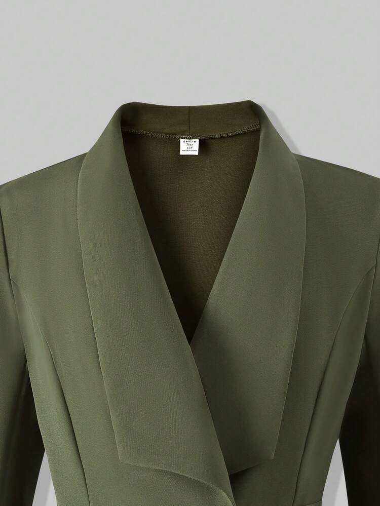 SHEIN بدلة رسمية مكونة من بليزر ضيق وبنطلون أخضر زيتوني مناسبة للفتيات المراهقات، أناقة المسافر - اخضر زيتون - مشاهدة 7