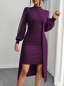 SHEIN Clasi 女式优雅圆领网眼拼接泡泡装饰长袖连衣裙超长款女装 - 中紫紅色 - 查看 6