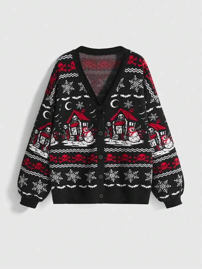Goth Plus Size Women Gothic Christmas Snowflake Skull Moon Snow House Pattern Jacquard Knit Cardigan, Autumn/Winter
