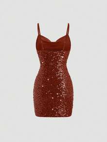 Glamine 女士纯色亮片紧身性感迷人吊带迷你连衣裙 - 棕色 - 查看 2