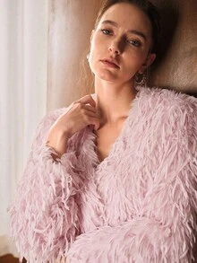 MOTF PREMIUM V NECK LONG SLEEVE FAUX FUR COAT FOR AUTUMN & WINTER - Khaki - View 8