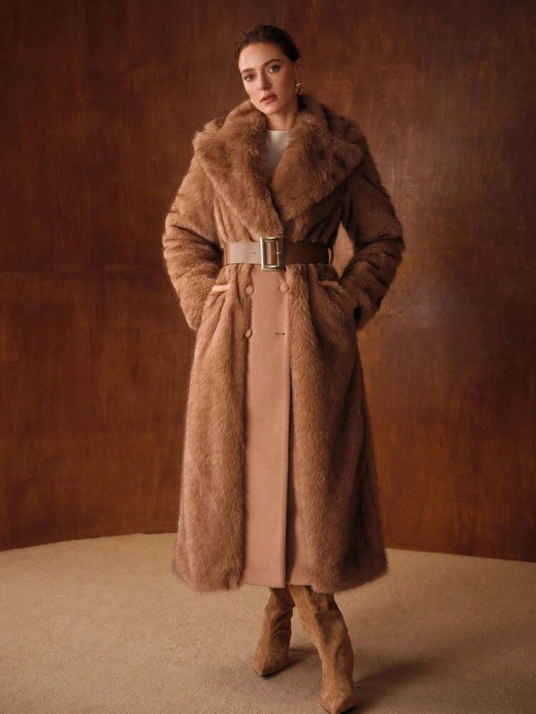 DOUBLE BREASTED CONTRAST FAUX FUR COAT