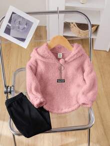 2 件女婴可爱羊毛长袖字母印花连帽卫衣和针织打底裤套装，秋冬