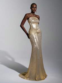 Elitara 优雅、时尚、闪亮、手工镶嵌水钻、弧形领口、褶皱设计、喇叭腰身、扭结、打褶、修身廓形，适合晚宴、商务活动、婚礼宾客、女士晚礼服、网纱连衣裙、正式礼服、连衣裙 - 杏色 - 查看 6