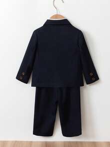 SHEIN 3pcs Baby Boy Gentleman Outfit Set: 2-In-1 Shirt Collar Blazer Jacket With Bow Tie + Pants Set, Suitable For Birthday Party, Christmas Party, Christening, 1st Birthday, Formal Occasion, New Year, Performance, And Wedding - Black - View 2