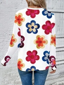 EMERY ROSE Camiseta casual versátil de manga larga con cuello redondo y estampado floral grande, nueva llegada de otoño/invierno para mujer - Multicolor - Ver 2