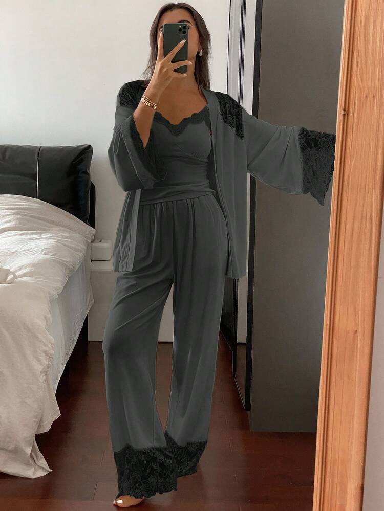 3pcs Lace Patchwork Robe, Camisole Top & Pants Women Sleepwear Pajama Set Pajama Fall Winter Clothes