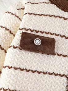 SHEIN Playful Pals 2pcs Baby Girl Casual Cute Long Sleeve Striped Faux Pocket Knit Cardigan And Knit Pants Set, Suitable For Daily Outings And Travel