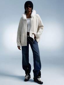 GENKIRA Nuevo y elegante cárdigan de lana de alta gama con cuello de piel - Albaricoque - Ver 1