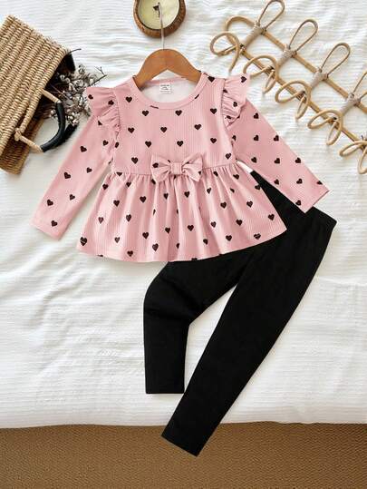 LMoss Kids 2pcs Baby Girl Heart Pattern Knit Casual T-Shirt And Leggings Set