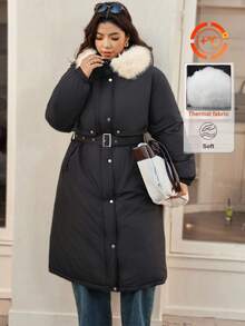 Vionelle Plus Size Long Sleeve Fur Collar Casual Coat With Belt - Black - View 3