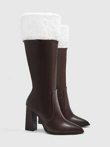 CUCCOO BIZCHIC 高品质棕色袖口针织高筒靴，尖头粗跟优雅女靴，时尚百搭新款靴子，展现女性魅力和优雅 - 棕色 - 查看 6